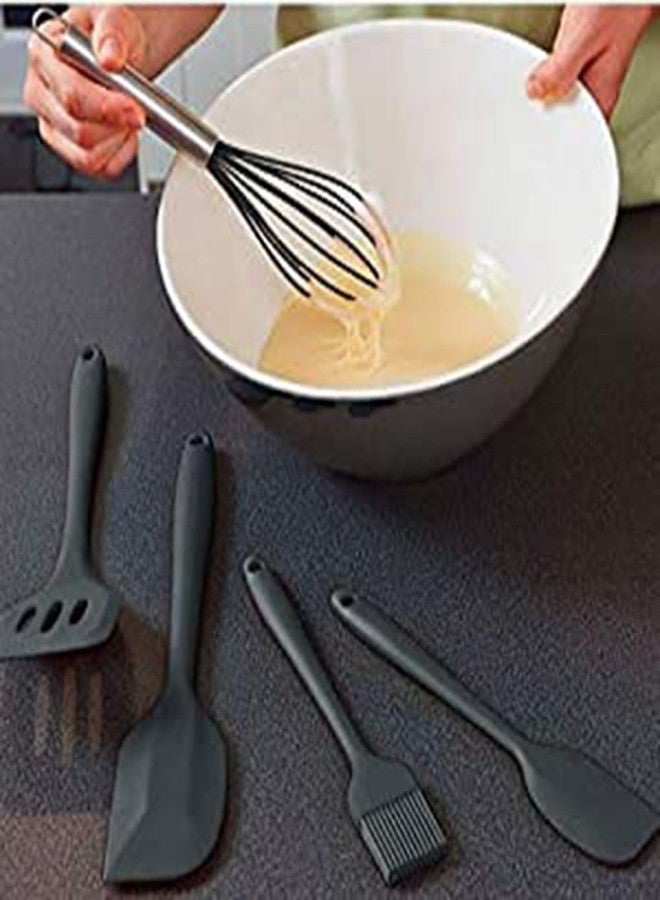 TASKHOUSE Silicone Cooking & Baking Utensil Set 5 Piece Non-Stick Mixing Spatulas, Pastry Brush, Egg Beater, Slotted Turner, Basting Brush - Black - Image 4